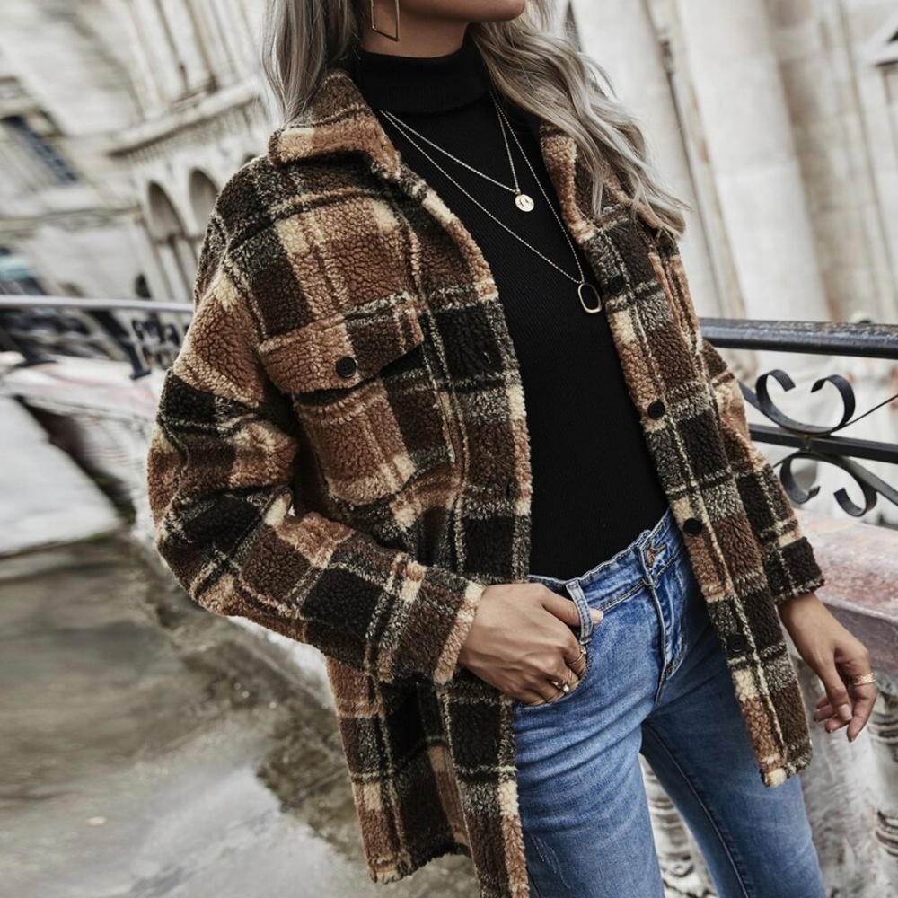 Sherpa plaid brown black button down teddy jacket